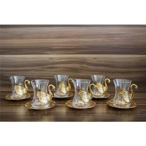 12 PIECE TEA GLASS SET AUTHENTIC SWAN PATTERNED GOLD