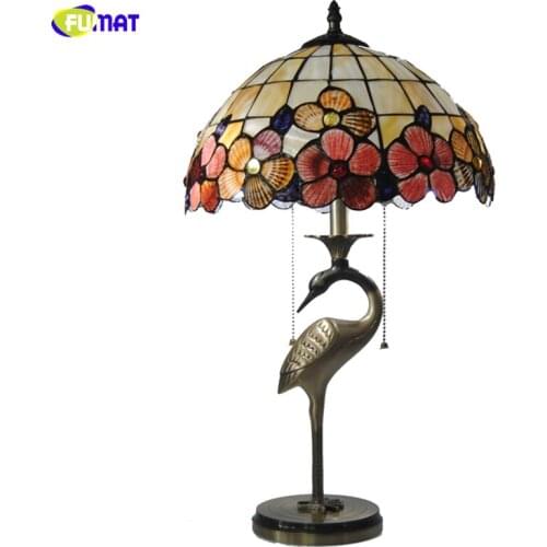 FUMAT Tiffany Floral Stained Glass Table Lamp Creative Art Shell Flowers Crane Shape Lampholders Table Lights Bedroom Lighting