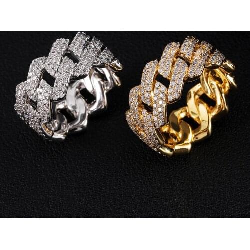 D&Z Hip Hop Iced Out Cuban Ring Mens Prong Setting Gold Silver Color Jewerly Bling Cubic Zirconia Ring Charm Jewelry