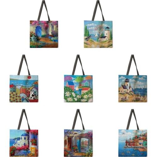 Landscape oil painting ladies leisure handbags foldable shopping bags ladies shoulder bags ladies handbags wallets fashion beach