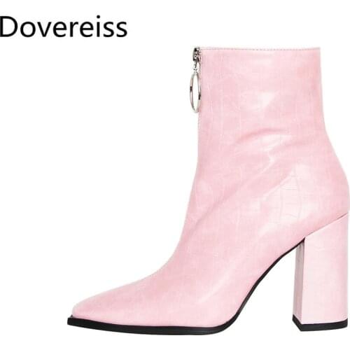 Dovereiss Fashion Womens Shoes Winter concise sexy new Zipper Short boots new pink Chunky heels Pointed toe33-48