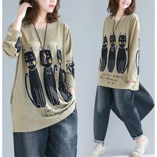 Kawaii Cute Cat Letter Print T-Shirt Women Loose Long Sleeved Autumn Tops Casual Sweet Bottoming Tee Shirt Femme 2021 Clothes