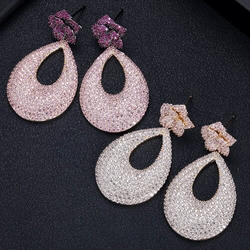JANKELLY luxury flower Shape Long Earrings Cubic Zirconia Women Wedding Big Earrings Bijoux