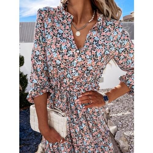 Summer Women Dresses 2021 High Waist Ruffle Lady Casual V-Neck Floral Printed Elegant Long Sleeve Dress