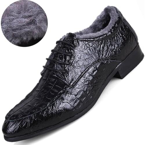 Winter Fleece Casual Mens Dress Shoes Genuine Leather Crocodile Lace-up Italian Stylist Flat Formal Oxfords Wedding Shoe 38-50