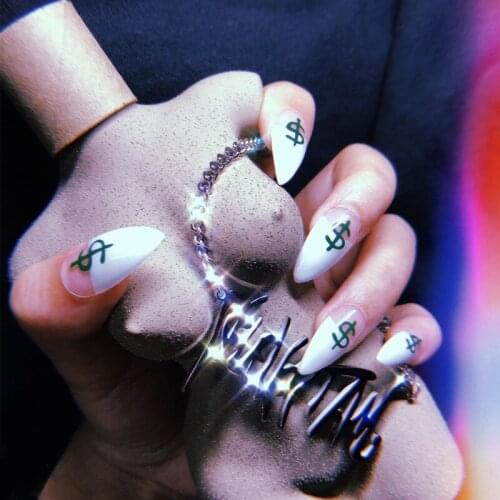 24Pcs/Set Dollar Sign Fake Nails Detachable White Sharp False Nail Decoration Nail Art Tools Press On Fake Nails With Glue