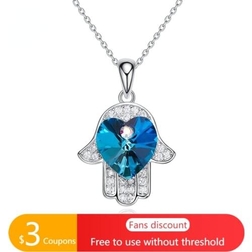 AGATA 925 Silver Hand of Fatima Necklace with Blue Evil Heart Shape Crystals Pendant Necklaces for Women Fine Jewellery Gifts