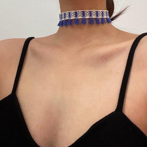 Vogallery Red Blue Chokers Necklaces Women Fashion Boho Short Necklaces Tassel Vintage Pattern Choker Jewelry Summer Chocker