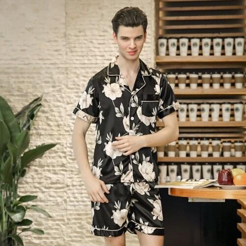 Pajamas for Men Summer Men Pajama Set Flower Floral Male Pajamas Short Sleeve Shirts Shorts Satin Silk Sleepwear Pyjamas
