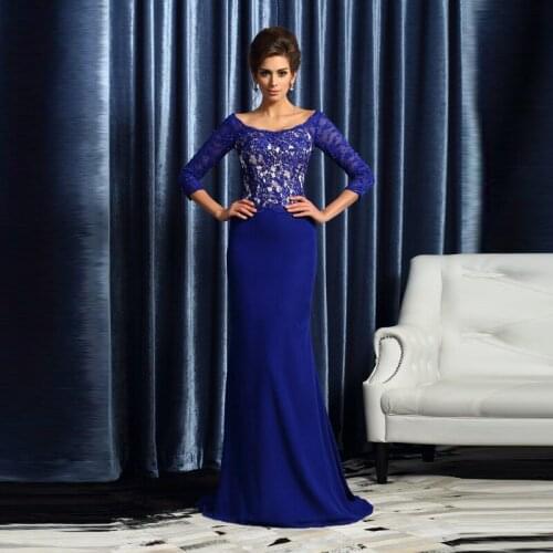 Royal Blue Mother Of The Bride Dresses A-line 3/4 Sleeves Chiffon Appliques Beaded Plus Size Groom Mother Dresses For Weddings
