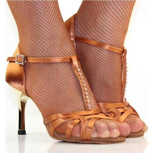T-Bar 2inch 3inch Heel Women Latin Salsa Dance Shoes Tan Silk Satin Comfortable Women Salsa Bachata Latin Dance Shoes BD2347