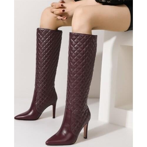 Neutral Style Boots for Ladies Grid Solid Knee High Women Boots Stiletto Heel Shoes Slip on 10 cm Thin Heel