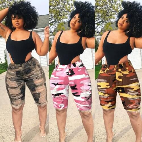 Shorts women harajuku Europe summer bull-puncher knickers female tall waist elastic camouflage shorts jeans feminino WYM004