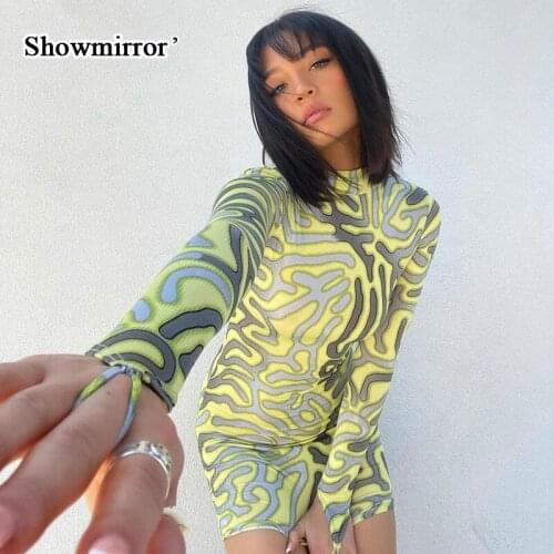 ShowmirrorFashion Print Casual 2021 Autumn Long Sleeve Mini Dress Women Elegant Bodycon Sheath Dresses Clothes Vestidos
