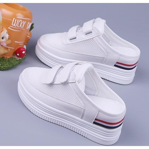 Slippers Women Summer Shoes Woman 2020 Fretwork Heels Increased Internal Pantofle Low Platform New Rubber Fabric Hook & Loop