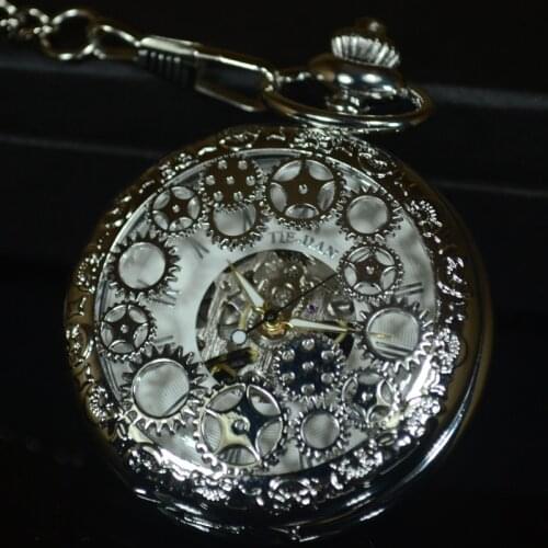 TIEDAN Silver Steampunk Mechanical Pocket Watch Men Retro Antique Luxury Brand Necklace Skeleton Pocket Fob Watch Chain Male
