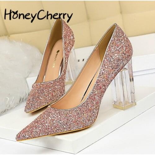 Fashion Transparent Crystal Heel Thick Heel High Heel Shallow Point Sexy Nightclub Glitter Sequin Single Shoes Womens Shoes