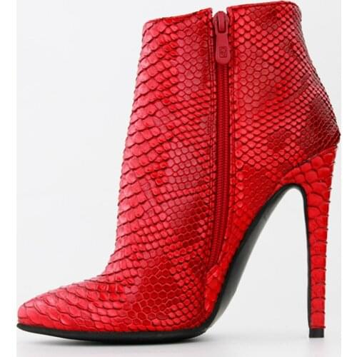 Red Snakeskin grain Ankle Boots For Women High heels Pointed toe Ladies Boots New Sexy Zipper Short Boots Shoes Large Size 48