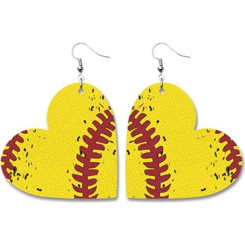 Love Heart Baseball Softball Leopard Leather Drop Earrings for Women