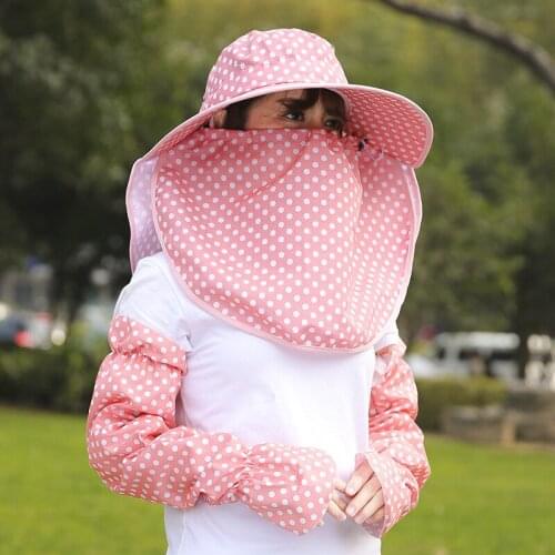 Summer Women Ladies Dots Printing Face Neck Sun UV Protection Sun Cap Hat Arm Warmers Sleeve Gloves Combination Set FS0561
