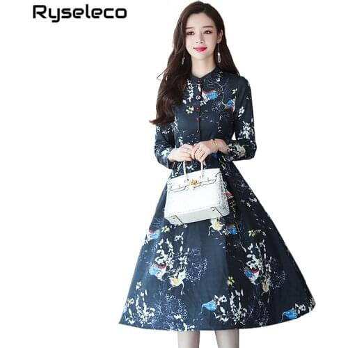 Hot Autumn Winter Cartoon Animal Pirnts Casual Women Dresses Retro Big Swing Sexy Slim Office Party Runway Long Sleeve Vestidos