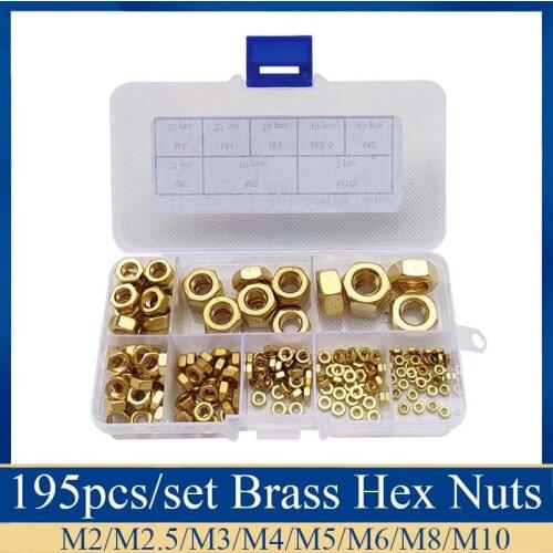 195pcs Brass Nut Copper Hexagonal Nut M2-M10 Brass Hex Nut kits