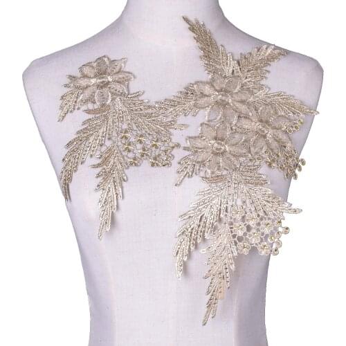2Pcs/Set Lady Sewing Gold Flower Floral Lace Trims Applique Patch For Wedding Dress Scrapbooking