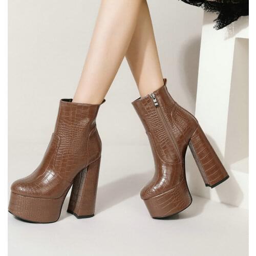14.5 cm Thick Heel Platform Ankle Boots Women Fashion Faux Leather Zipper Round Toe Daily High Heel Shoes Boots Women Plus Size