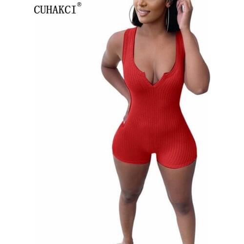 CUHAKCI 2021 Sleeveless Solid Skinny Bodycon Playsuit Summer Women Streetwear Casual Romper Sexy V Neck Bodycon Club Bodysuit