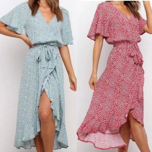 Women Floral Print Long Dress Sashes Short Sleeve Boho Style Long Dress Ruffles Sundress Vestidos Causal Irregular Large Dress