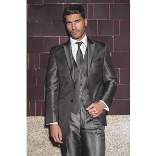 Custom Made Groom Tuxedo Shiny Grey Groomsmen Peak Lapel Wedding/Dinner Suits Best Man Bridegroom (Jacket+Pants+Tie+Vest) B484