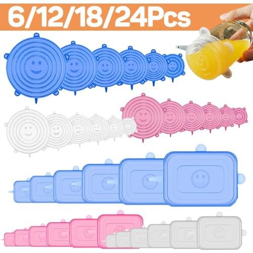 6/12/18/24Pcs Silicone Food Cover Cap Reusable Expandable Microwave Elastic Universal Pot Bowl Stretch Lids for Cookware Kitchen