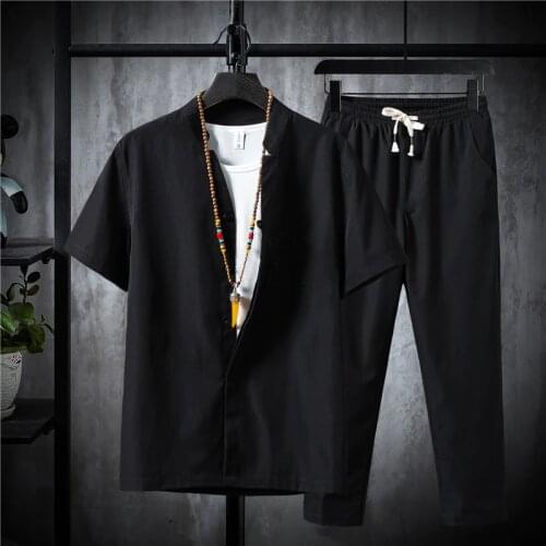 Mens Clothing Large Size Tracksuit Husband 2021 Summer Suit Linen T-shirt Fashion Male Set Chinese Style 5XL Plus Two Piece