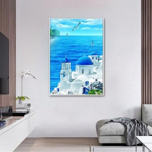 Seaside castle,Blue sea scenery Arts Needlework 14CT Canvas Unprinted Handmade Embroidery Cross Stitch Kits DIY Home Decor