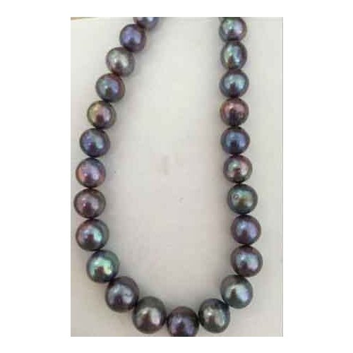 HUGE PERFECT 12-13mm TAHITIAN BLACK RED GREEN PEARL NECKLACE17.5" 14k