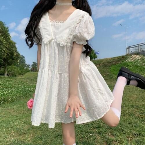 Japanese Sweet Lace Side Square Collar Backless Lace-up Puff Sleeve Loose-Fit Expandable Doll Dress Women Summer lolita dress