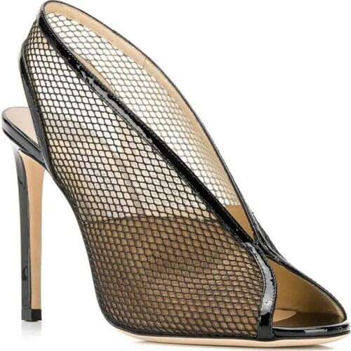 High Heels Sandals Women Mesh Fishing Nets Lady Shoes Peep Toe Modern Sandals Black Thin Heel Slip-on Sandalias Femininas Pumps