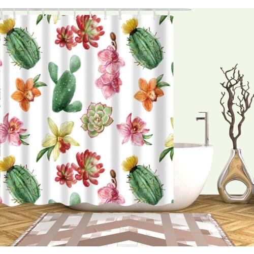 Tropical Cactus Cartoon Plant Shower Curtain Fashion Bath Accessories with 12 Hooks Waterproof Polyester Fabric Bathroom Decor