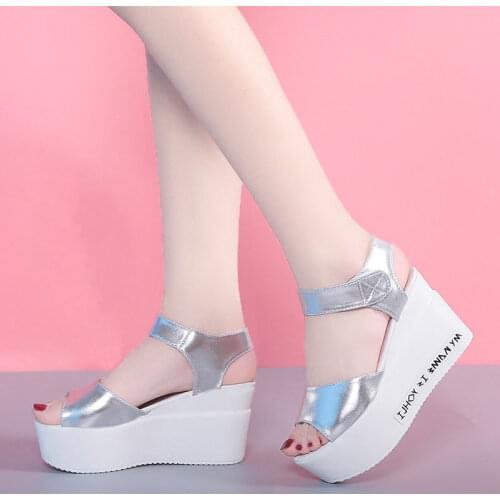 Platform Sandals Woman Summer Heels 2020 Womens Ankle Strap Shoes Thick Bottom Wedges Female Footwear Black White Silver N3-29