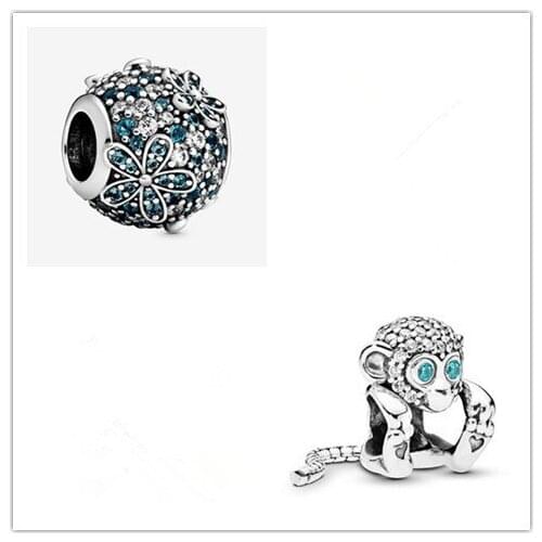 Authentic 925 Sterling Silver Charm Teal Pave Daisy Flower Charm Bead Fit Women pandora Bracelet & Necklace Jewelry