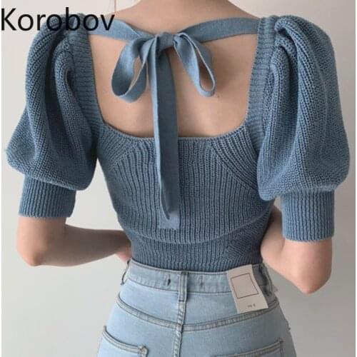 Korobov Vintage Elegant Square Collar Women Pullovers Korean Lacing Bow Female Sweaters Casual Short Sleeve Knitted Sueter Mujer