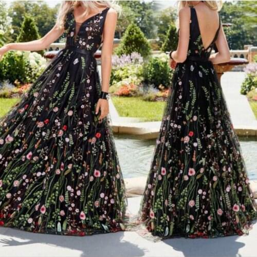 Plus Size Women Elegant Party Dress V-neck Sleeveless High Waist Mesh Maxi Dress Embroidered Flower Dress Vestidos De Fiesta