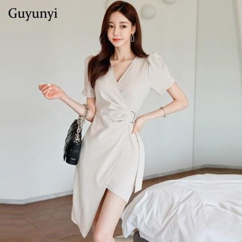 Elegant Office Lady Dress 2021 Summer Plain V-Neck Puff Sleeve High Waist Folds Adjustable Waist Circumference Womens Dresses