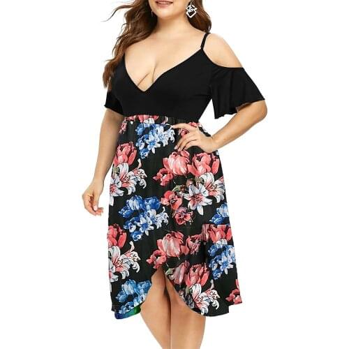 5XL Plus Size Asymmetrical Dress for Women Sexy V Neck Hollow Cold Shoulder Shirt Midi Dress Patchwork Print Female Vestido D30