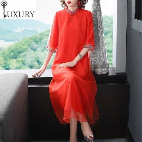 2020 Organza Spring Embroidery Summer Chinese Style Women Mandarin Collar Straight Loose Midi Red Pink Dress Oversize XXL