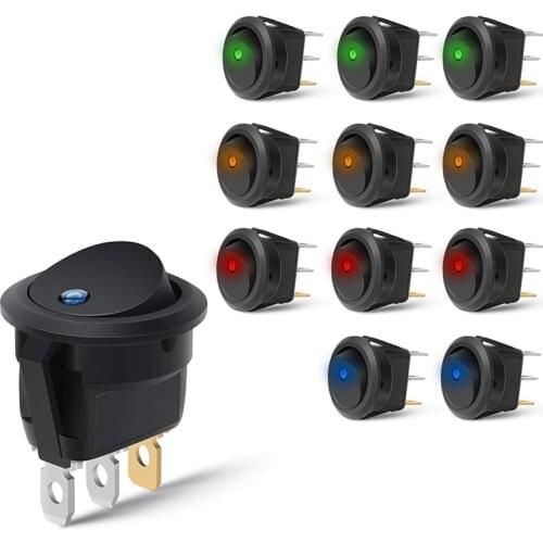 12PCS Round Dot Lighted Rocker Switch Toggle 20A 12V DC On/Off SPST Switch Control, 3Blue+3Green+3Yellow+3Red
