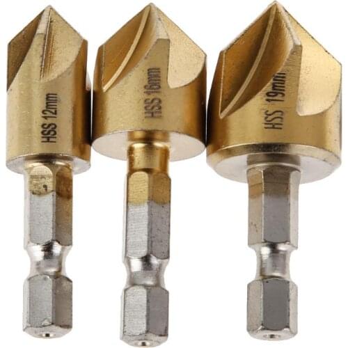 3pcs 12mm-19mm Countersink Drills for Drilling Set Drill Bit Tools 5 Flutes HSS 1/4 Inch Hex Shank Chamfer Metal Cutter Tool