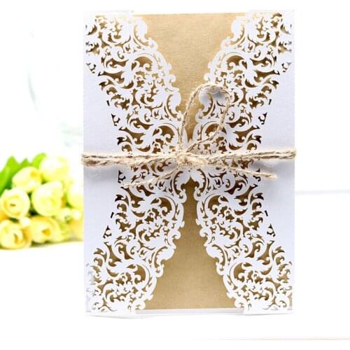 50pcs Laser Cut Lace Flower Wedding Invitation Cards West Cowboy Greeting Card With Rope Customize Wedding Party Favor Supplies