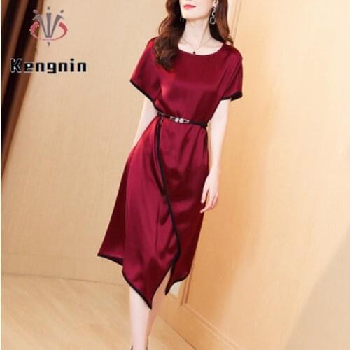 Satin Womens Dress 2021 Summer Oversize Female Party Dresses Asymmetrical Office Lady Work Evening Dresses Robe KE1478