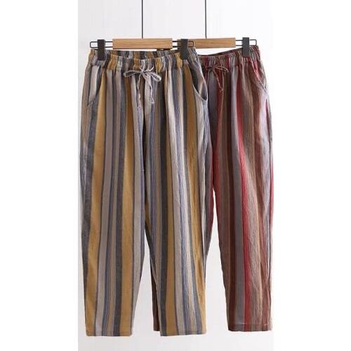 Retro trousers thin cotton and linen harem pants women loose thin striped nine-point pants womens feet pants Pockets